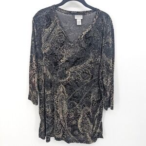 Chico's Blouse Womens XL Black Tan Burnout Velvet Paisley Long Sleeve‎ Tunic Top